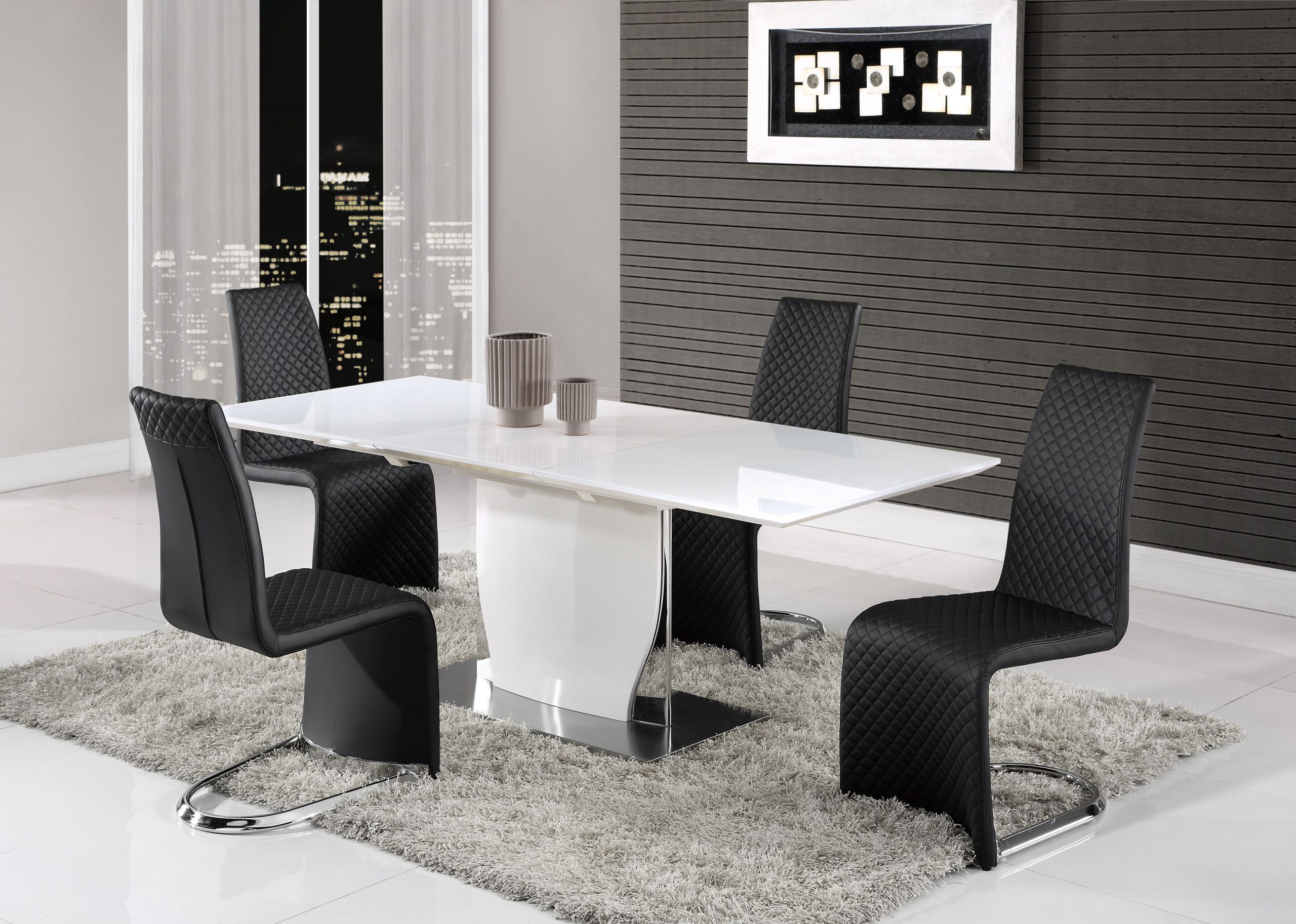 black and white chairs and table