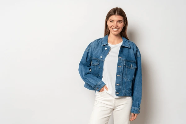 women holding denim jacket near glass window